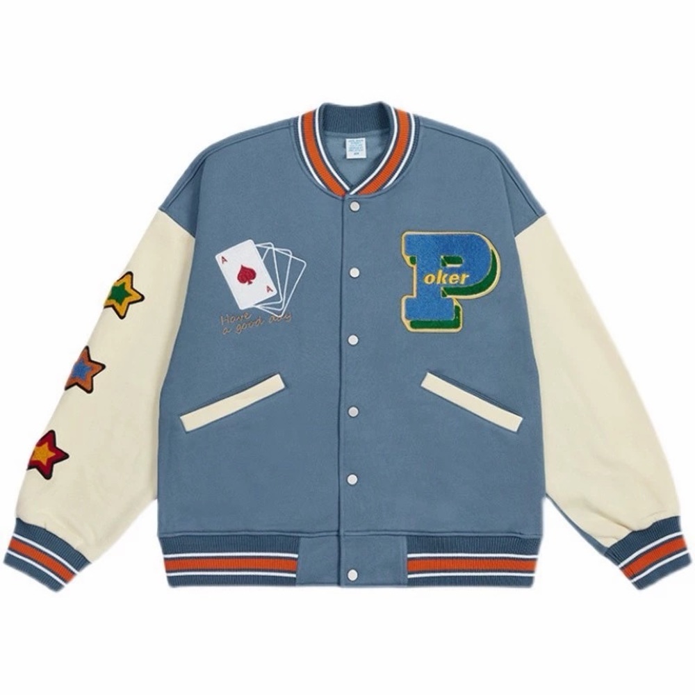 blue varsity jacket with embroidered dice graphics unisex M